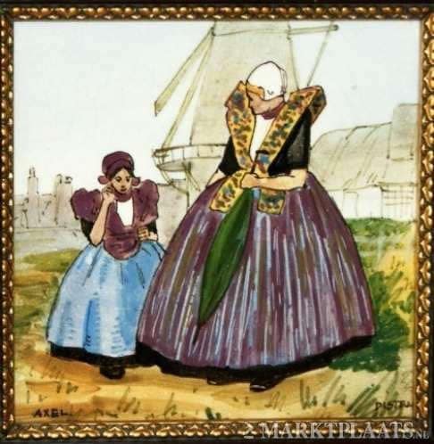 Distel, streekdrachttegel, decor Axel, signatuur TB (Tjeerd Bottema), 15,2 x 15,2 cm (coll. Bert-Jan Baas)