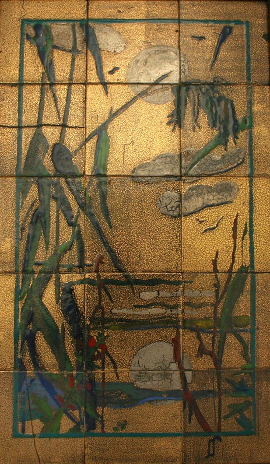 Goedewaagen, tegeltableau, Japonaiserie rietlandschap, naar Nihongu uit Kyoto, ontwerp en uitvoering Dick-Kikkert (coll. KMG)