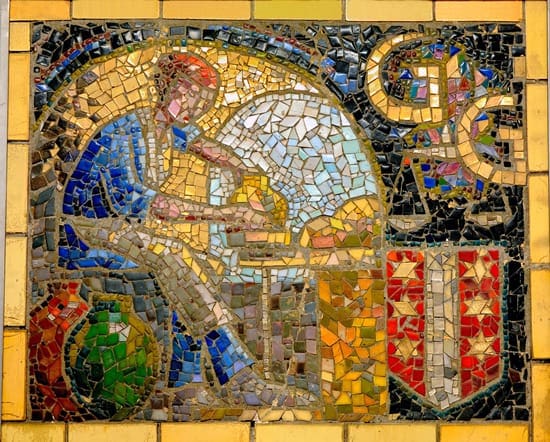 Goedewaagen, mozaïek, reclametableau Goedewaagen met pottenbakker, ontwerp en uitvoering W.H. van Norden,1933 (coll. Bert-Jan Baas)