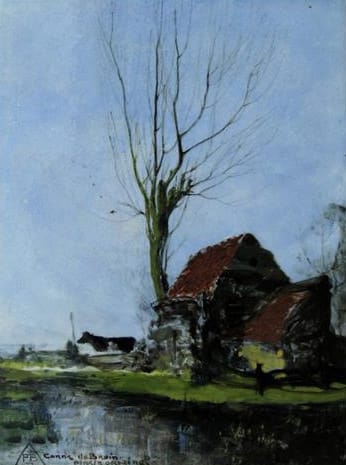 PBD, tegelplaat, unicum decor boerenschuur, ontwerp en uitvoering Corns de Bruin, biscuit Gien (coll. Bert-Jan Baas)