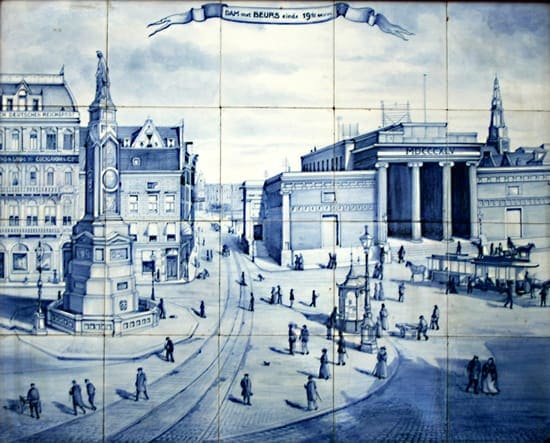PBD, tegeltableau. Decor Dam, Amsterdam in ca 1898, Delfts Blauwe schildering 1913-1914 (coll. Jan Baas)