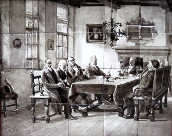 Rozenburg, tegeltableau. sepiakleurig, naar Gerke Henkes ‘Bestuur Oudemannenhuis’, uitvoering Daniël Harkink (coll. Bert-Jan Baas)