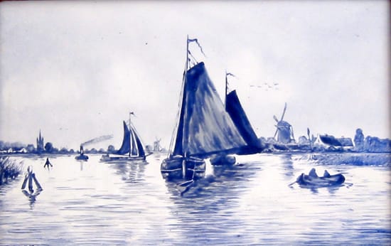 E.N.K.K.. tegelplaat, riviergezicht in Delfts Blauw (coll. Bert-Jan Baas)